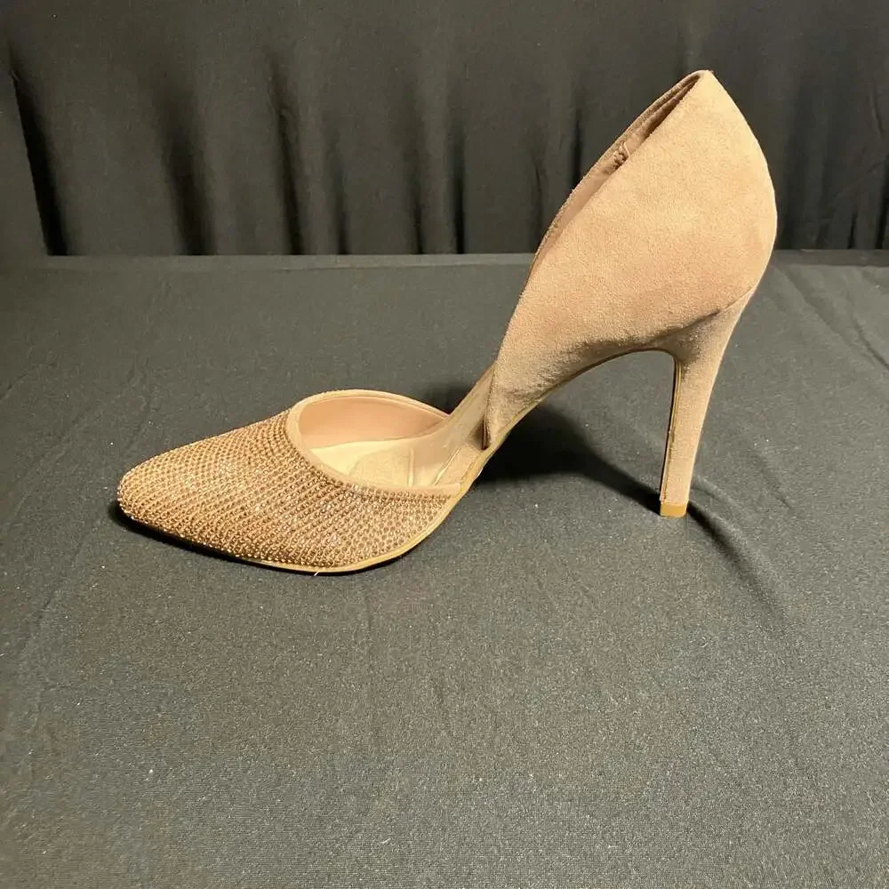 Jones New York Taupe Faux Suede Rhinestone Pointed Toe High Heel Pumps Size 7.5